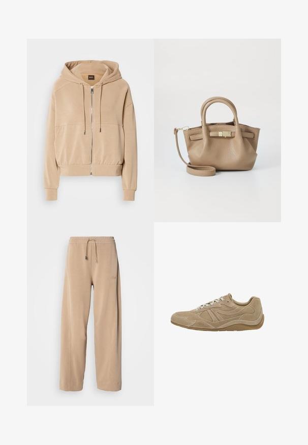 Bež dukserica s patentnim zatvaračem sprijeda, podesivim vezicama, rebrastim manžetama i opuštenim krojem. Izrađena od mekog, laganog materijala.; Bijela majica dugih rukava od mekanog pamuka, s okruglim izrezom i dizajnom s spuštenim ramenima, opuštenog kroja i bez vidljivih uzoraka.; Bež hlače širokog kroja izrađene od mekanog materijala s elastičnim pojasom i špagu. Ima diskretni logo sa strane i bočne dzepove.; Bežanke od suède s niskim profilom, teksturiranom površinom i bijelim vezicama. Ima zakrivljen dizajn i gumeni đon za bolje prianjanje.; Smeđi kožni rukavac s dvostrukim ručkama i odvojivom remenom za rame. Ima zlatni zatvarač i teksturiranu površinu.
