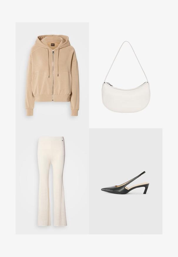 Beige kapucnis pulóver, elől cipzárral, állítható húzózsinórral, bordázott mandzsettákkal és laza szabással. Puha, könnyű anyagból készült.; Fehér, rövid, bő ujjú, crop szabású póló, puha pamut anyagból, kerek nyakkivágással, finom narancssárga díszítéssel, minimalista dizájn, minta vagy grafika nélkül.; Csíkozott, krémszínű kötött nadrág, amelynek a lába lejjebb szélesedik, és texturált csipkeminta díszíti az alját. Puha anyag, és passzos derékpántta rendelkezik.; Fekete, hegyes orrú, slingback cipő alacsony sarkával, sima bőrből készült, oldalt kivágott deisgnal a légáteresztőképesség érdekében.; PULL&BEAR HALF MOON - Kézitáska - white