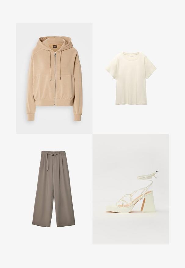 Beżowa bluza z kapturem z zamkiem z przodu, regulowanymi sznurkami, prążkowanymi mankietami i luźnym krojem. Wykonana z miękkiego, lekkiego materiału.; Jasno beżowa, krótko rękawowa koszulka z okrągłym dekoltem, wykonana z miękkiego, gładkiego materiału. Posiada luźny krój i prosty dół.; Spodnie o szerokich nogawkach w miękkim, stonowanym szarym materiale, z paskiem w talii i plisami dla dodania detali projektowych. Gładka tekstura, bez wzorów.; Biała sandał na wysokim obcasie z masywnym słupkiem, z paskowym wzorem i wiązaniem przy kostce. Gładka faktura z platformą z przodu dla dodatkowej wysokości.