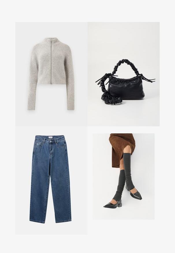 Usklađena, izrezana bluza svijetlosive boje. Napravljena od mekog, teksturiranog materijala s visokim ovratnikom i prednjim patentnim zatvaračem. Rebrasti manžeti i donji rub.; Bjela košulja dugih rukava s dugmadi, napravljena od glatke mješavine pamuka. Ima klasični ovratnik, prednje zatvaranje na dugmad te zakrivene manžete.; Klasične plave traperice s ravnim nogavicama, pet džepova i dugmadom za zatvaranje. Imaju srednje pranje i čvrstu teksturu.; Crne lakirane cipele s šiljastim prstima, blok-petom i remenom oko gležnja, uparene s sivim rebrastim čarapama do koljena i smešnom suknjom od antilopa.; Crna torba od umjetne kože s teksturom krokodila, s cinčanim vrhom i naboranom trakom. Izgleda mekano i kompaktno u dizajnu.