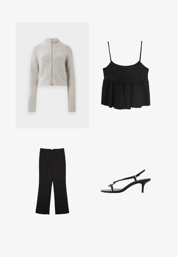 Maglione aderente e cropped di colore grigio chiaro. Realizzato in morbido tessuto testurizzato con colletto alto e chiusura a zip. Polsini e orlo a costine.; Top peplum nero con sottili spalline regolabili. Tessuto strutturato e arricciato, corpino aderente, sezione inferiore svasata, senza hardware o motivi visibili.; Pantaloni neri a gamba dritta, con tasche frontali e spacchi laterali all'orlo. Realizzati in tessuto morbido e liscio. Adatti a diverse occasioni.; Sandal con zeppa kitten nera in pelle, con sottili cinturini, fibbia dorata e una minimalista fascetta per le dita su sfondo bianco.