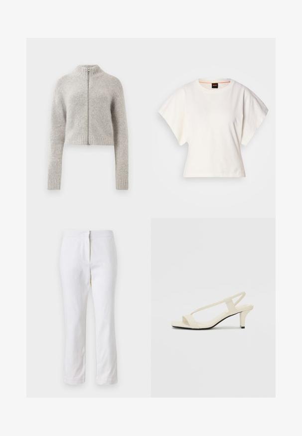 Feszes, rövidített pulóver világosszürke színben. Puha, textúrált anyagból készült, magas nyakkal és cipzáros elejével. Bordázott mandzsettákkal és aljjal.; Fehér, rövid, bő ujjú, crop szabású póló, puha pamut anyagból, kerek nyakkivágással, finom narancssárga díszítéssel, minimalista dizájn, minta vagy grafika nélkül.; Fehér pamut nadrág egyenes lábformával, közepes derékkal, látható fémrészek vagy minták nélkül. Sima textúra az egész anyagon.; Beige színű, blokksarkú szandálok vékony pántokkal és négyzet alakú orral. Simább anyag, minimális részletezéssel, amely könnyű viselésre lett tervezve.