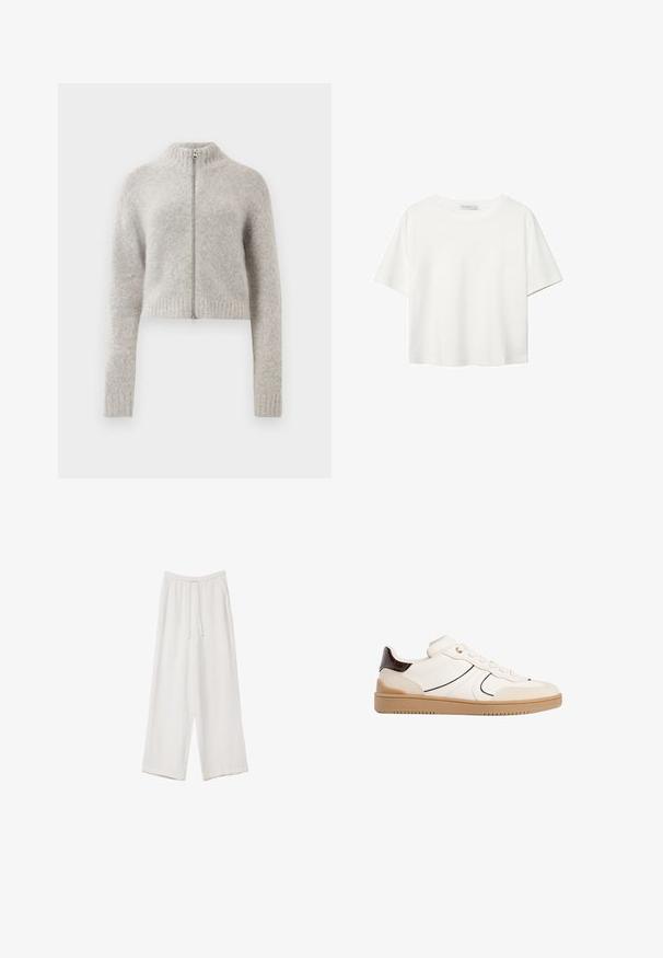 Usklađena, izrezana bluza svijetlosive boje. Napravljena od mekog, teksturiranog materijala s visokim ovratnikom i prednjim patentnim zatvaračem. Rebrasti manžeti i donji rub.; Bijela majica kratkih rukava od pamuka. Ima okrugli izrez i opušteni kroj. Glatka tekstura bez vidljivih uzoraka ili naglasaka.; Bijele hlače širokih nogavica napravljene od lagane tkanine. Imaju elastičan pojas s ušicom i bočne džepove. Glatka tekstura.; Stradivarius Tenisice - white