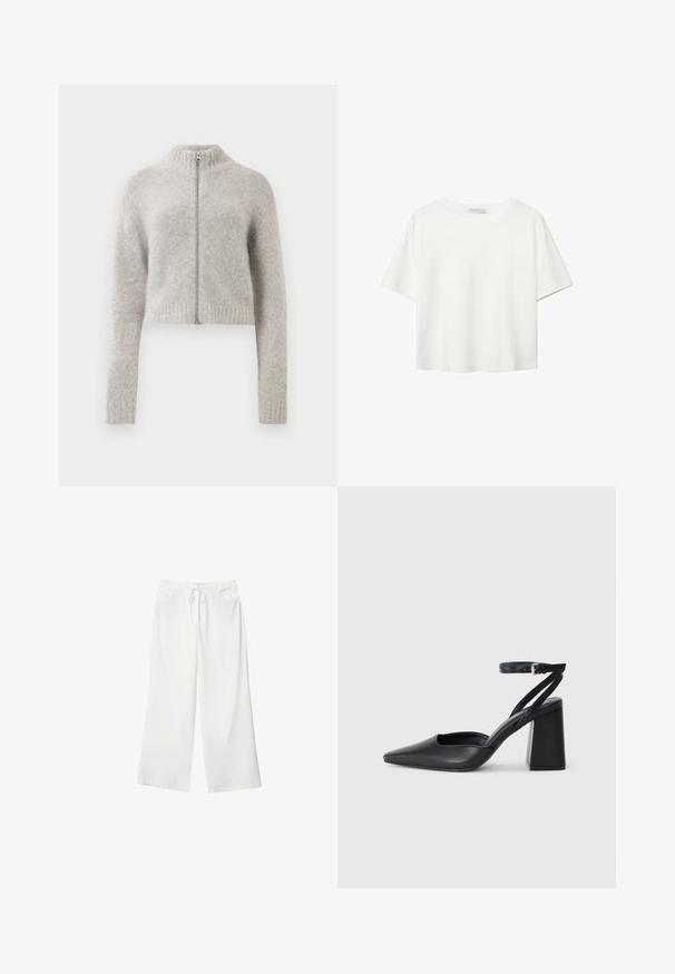 Taillierter, kürzer geschnittener Pullover in Hellgrau. Hergestellt aus weichem, strukturiertem Stoff mit hohem Kragen und Reißverschluss vorne. Rippbündchen und Saum.; Weißes T-Shirt mit kurzen Ärmeln aus Baumwolle. Hat einen Rundhalsausschnitt und eine lockere Passform. Glatte Textur ohne sichtbare Muster oder Akzente.; Weiße, weite Hosen aus weichem Stoff, mit einem Kordelzug in der Taille und zwei vorderen Taschen. Glatte Textur und keine sichtbaren Muster.; Schwarze Leder-Pumps mit spitzer Zehe, einem Knöchelriemen und einem blockigen Absatz. Flache Textur, elegantes Design und minimalistische Ästhetik.