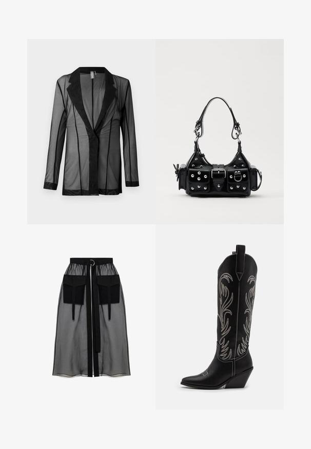 Juodas permatomas švarkas su klasikiniu atvartiniu, ilgomis rankovėmis ir vertikaliomis juostelėmis. Pagamintas iš lengvos medžiagos, su lygiu paviršiumi ir atvira priekyje.; Juodas ilgomis rankovėmis viršus, pagamintas iš permatomos medžiagos, turi apvalų iškirpimą, priekinį mygtukų užsegimą ir banguotus kraštus ant rankovių.; Juoda permatoma sijonas su surinkta liemene, dviem didelėm priekinėm kišenėm, liemens raišteliu ir apvaliu metaliniu akcentu.; Juodi oda kaubojiški batai su smailiu nosiu, stulpeliu ir sidabriniais siuvinėti gėlių raštais palei šoną. Kontrastingas siuvinėjimas visoje bato dalyje.; Juodas odinis rankinukas su kreiviu dizainu, su sidabro spalvos knopkėmis, užsegimu ir dviem šoninėmis kišenėmis. Reguliuojama dirželis nešimui.