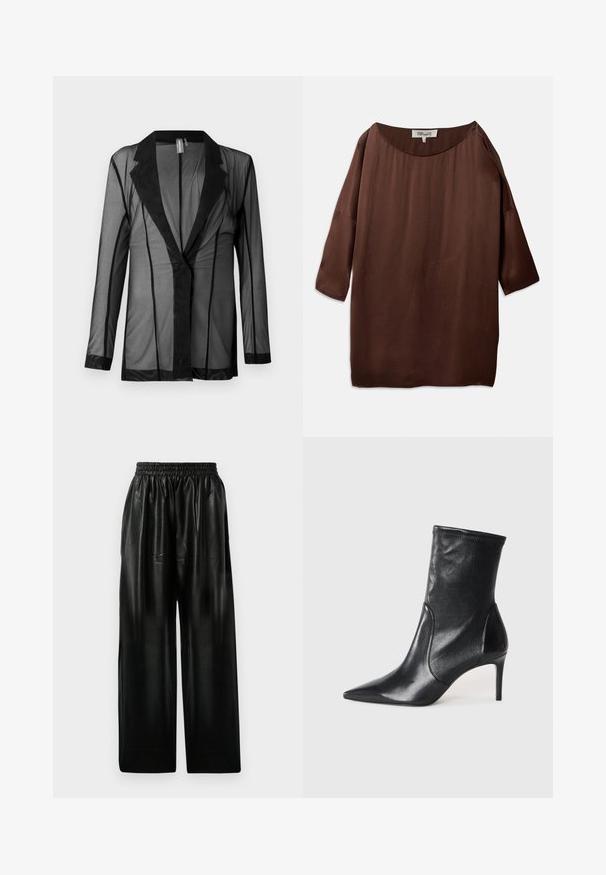 Juodas permatomas švarkas su klasikiniu atvartiniu, ilgomis rankovėmis ir vertikaliomis juostelėmis. Pagamintas iš lengvos medžiagos, su lygiu paviršiumi ir atvira priekyje.; Ruda, laisvai priglundanti bliuska su plačiu laiviniu kaklu ir trijų ketvirčių rankovėmis, pagaminta iš lygaus, tekstūruoto audinio. Viršus turi subtilių raukšlelių.; Juodos odinės plačios kelnės su elastinga juosmeniu, turinčios dvi šonines kišenes ir lygią, blizgią tekstūrą.; Juodi kulkšneliai, pagaminti iš lygaus odos, su smailiu nosiu, prigludusia ašimi ir siauru aukštu kulnu. Minimalistinis dizainas be matomų detalių.