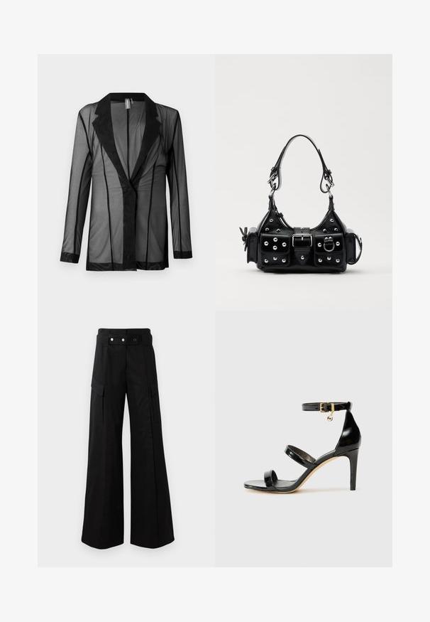 Juodas permatomas švarkas su klasikiniu atvartiniu, ilgomis rankovėmis ir vertikaliomis juostelėmis. Pagamintas iš lengvos medžiagos, su lygiu paviršiumi ir atvira priekyje.; Juoda bodysuit su ilgomis permatomomis tinklelio rankovėmis, aukštu apykakle, drapiruotu priekinio detalės dizainu ir prigludusia liemene. Uždarymas apačioje su spaustukais.; Juodos platėjančios kelnės su aukštu juosmeniu, turinčios dideles šonines kišenes, dvi priekinės mygtukus ir kilpelės detalę. Pagamintos iš tvirto audinio.; Juodas patentuotas odinis sandalai su trimis diržais, kulkšnies sagtimi ir 4 colių stiletto kulnu. Yra aukso detalės ir logotipo žavesys.; Juodas odinis rankinukas su kreiviu dizainu, su sidabro spalvos knopkėmis, užsegimu ir dviem šoninėmis kišenėmis. Reguliuojama dirželis nešimui.