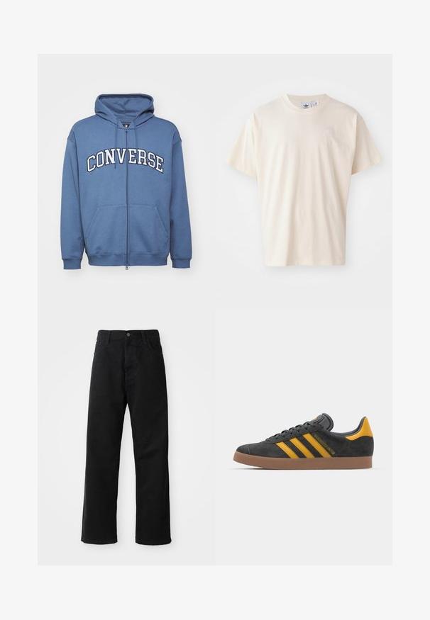 Blå hettegenser med glidelås som har "CONVERSE" i fet hvit skrift, med snøring på hetta og frontlommer. Materialet er en bomullsblanding.; Kremfarget bomullst-skjorte med rund hals og korte ermer; har en liten, lysfarget logo på brystet.; Svart denimbukser med rett snitt, med frontlommer, glidelåsgylf og en enkelt knapp i toppen. Teksturert stoff med matt overflate.; Sort skinnesko i svart semsket skinn med gule detaljer, med tre striper og en brun gummisåle. Inkluderer en polstret tunge for komfort.