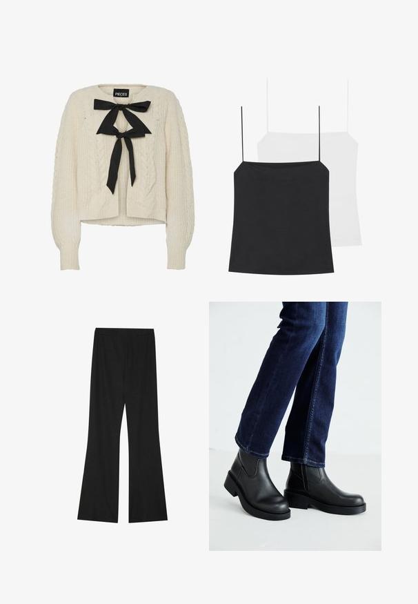 Kremfarget kabelstrikket genser med svart satengsløyfe ved halsen, lange ermer og ribbestrikkede mansjetter og kant. Myk tekstur, avslappet passform.; To camisole topper vises: en svart og en hvit. Begge har tynne stropper og en tettsittende design laget av et glatt, elastisk stoff.; Svarte vide bukser med teksturert stoff, som har en elastisk midje og en løs passform, designet for komfort og bevegelsesfrihet.; Sorte lær ankelsko med en kraftig såle og elastiske paneler på siden, kombinert med mørkeblå jeans. Underlaget er lyst.
