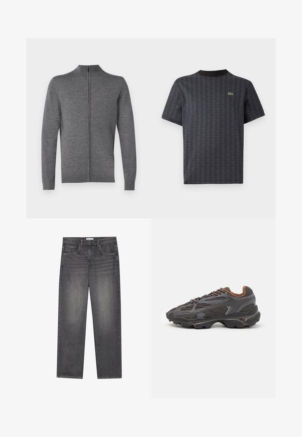 JOOP! DAVIS - Cardigan - medium grey; T-shirt nera a maniche corte con motivo geometrico e logo di un coccodrillo verde, con colletto a girocollo nero uniforme.; Jeans in denim grigio scuro con taglio dritto, dotati di cinque tasche, chiusura frontale con bottone e lievi sbiadimenti su tutta la stoffa.; Sneaker Lacoste grigie scure in materiale mesh e sintetico, con suola testurizzata e dettagli marroni sul colletto e sul branding.