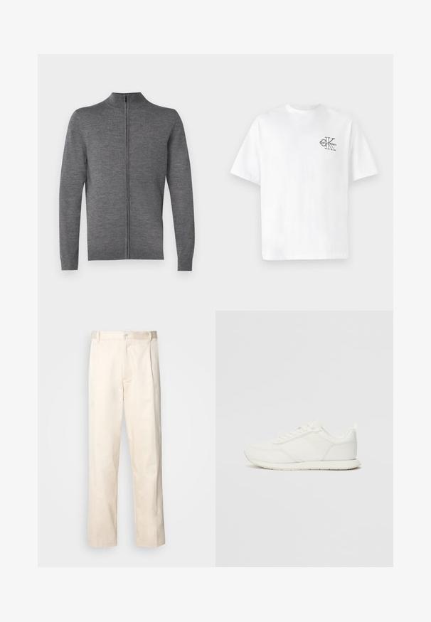 JOOP! DAVIS - Chaqueta de punto - medium grey; Camiseta blanca de algodón con mangas cortas, cuello redondo, que presenta un logotipo negro de CK en la parte izquierda del pecho, ajuste estándar, textura suave.; Pantalones de algodón beige con corte recto, que cuentan con un cierre de botón y pliegues en la parte frontal para un detalle adicional.; Zapatilla blanca con parte superior de malla y sintético, puntera redonda, cordones planos y una franja lateral texturizada. Suela de goma con un tirador en la parte posterior.