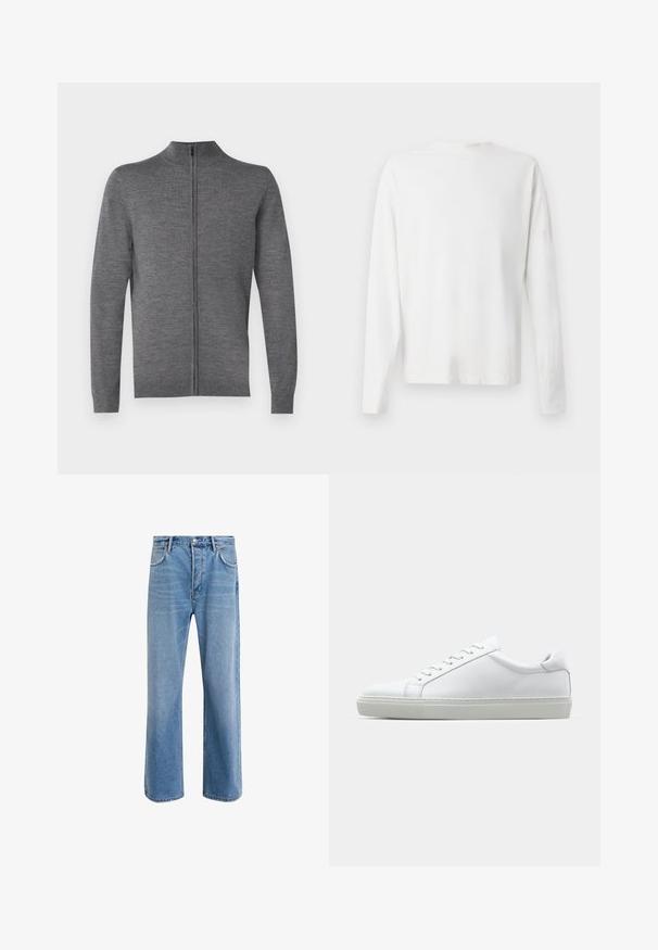 JOOP! DAVIS - Strickjacke - medium grey; Langärmliges weißes Baumwollhemd mit rundem Ausschnitt, seitlichen Schlitzen am unteren Rand und glatter Textur, von hinten präsentiert.; Helle blaue Jeans im Geradeschnitt-Design, mit fünf Taschen, Knopfverschluss, minimaler Ausbleichung und kontrastierenden Nähdetails.; Weißer Sneaker mit glattem Lederobermaterial und niedrigem Profil. Verfügt über eine runde Zehenpartie, sechs Ösen und eine strukturierte Gummisohle.