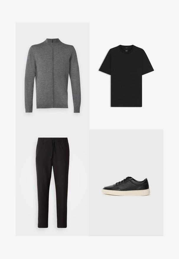 JOOP! DAVIS - Cardigan - medium grey; Sort kortærmet T-shirt lavet af en glat bomuldsblanding, med en rund halsudskæring og et minimalistisk design uden mønstre eller accenter.; Sorte joggebukser lavet af glat stof. Har en elastisk talje med snor, tætsiddende ben og ingen synlige lommer. Enkel design.; Sort lavt top lædersneaker med sorte snørebånd og off-white sål vist i sideprofil på hvid baggrund.