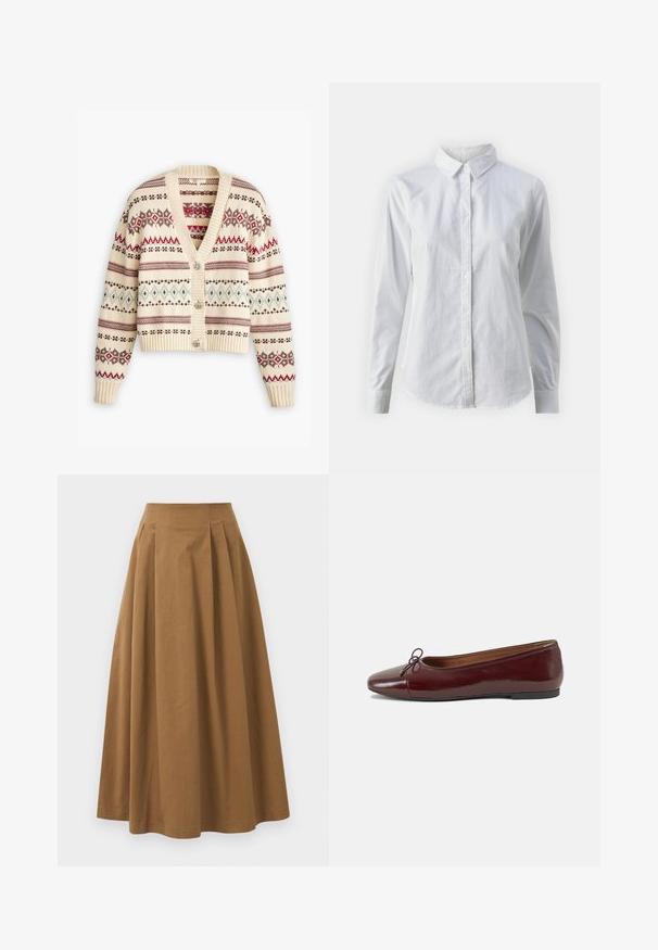 Kremni kardigan z V-izrezom, dolgimi rokavi in dekorativnimi vzorci v rdeči, rjavi in modri barvi, s srebrnimi gumbi in rebrastimi manšetami.; Bela srajca z gumbki, narejena iz gladkega bombaža, s klasičnim ovratnikom, dolgimi rokavi in ukrivljenim robom. Gumbi so majhni in beli.; Rjava bombažna A-linijska krila z visokim pasom, ki vključuje naborke spredaj in gladko teksturo. Robovi so čisti in preprosti.; Burgundska patenti usnjeni baletni čevlji z zaobljenim prstom, majhnim lokom na sprednji strani in nizkim črnim gumijastim podplatom. Gladka tekstura.