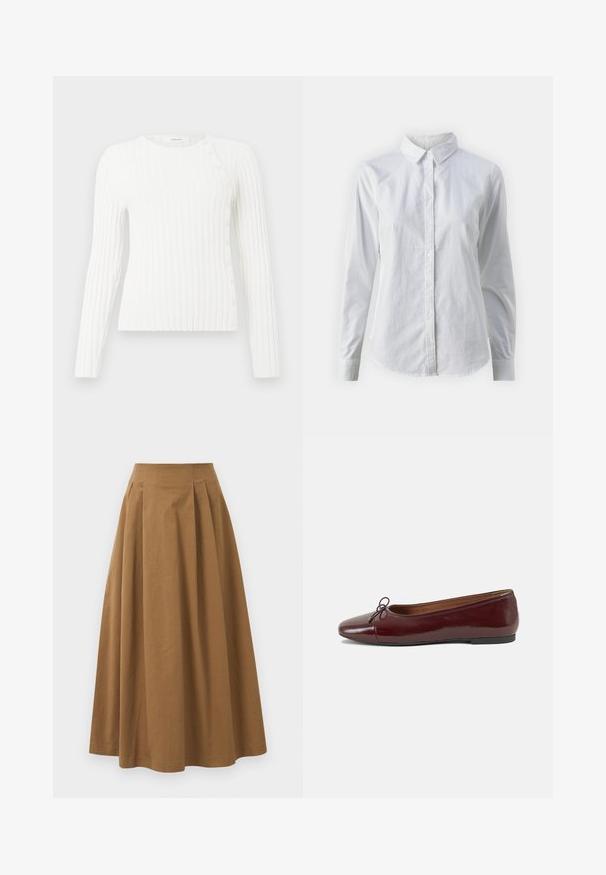 Pull en maille côtelée blanc à manches longues avec encolure ronde et rangée diagonale de petits boutons allant de l'épaule à l'ourlet sur le côté droit.; Chemise blanche à manches longues en coton lisse, dotée d'un col classique et d'un ourlet arrondi. Les boutons sont petits et blancs.; Jupe A-line en coton brun avec taille haute, dotée de plis sur le devant et d'une texture lisse. Les finitions de l'ourlet sont nettes et simples.; Ballerines en cuir verni bordeaux avec un bout rond, un petit nœud décoratif à l'avant et une semelle en caoutchouc noire basse. Texture lisse.