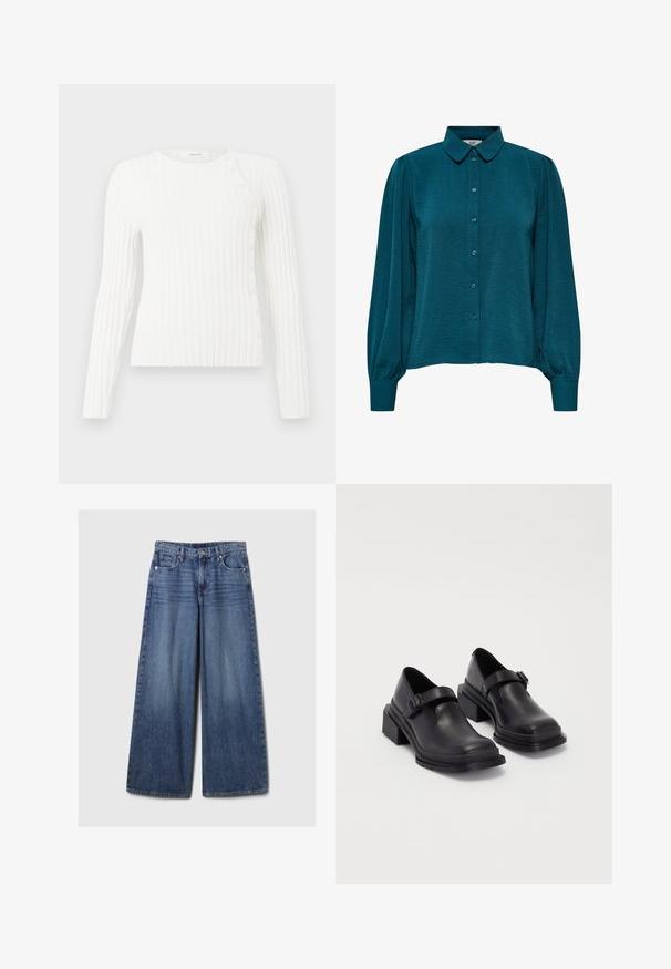 White ribbed long-sleeve sweater with round neckline and diagonal row of small buttons from shoulder to hem on right side.; Teal blouse with a collared neckline, button front, and long sleeves. Made from textured fabric with gathered cuffs.; Wide-leg blue denim jeans with a faded finish, featuring a button and zipper closure, five pockets, and belt loops.; Black leather shoes with a rounded toe, flat sole, and a strap with a buckle detail. Chunky block heel for added stability.