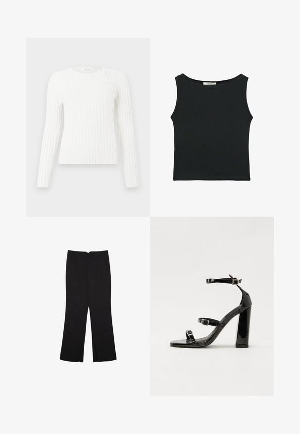 Vit ribbad långärmad tröja med rund halsringning och diagonalt rad av små knappar från axeln till fållen på högra sidan.; Svart ärmlös topp i slät tyg, med rundad halsringning och en figursydd design utan synliga mönster eller utsmyckningar.; Svarta byxor med rak passform, utrustade med framfickor och sidoklyvningar vid fållen. Tillverkade av mjukt, slätt tyg. Lämpliga för olika tillfällen.; Svarta lackerade klacksandaler med fyrkantig tå, ankelremmar och silverfärgade spännen. Har en kraftig blockklack för stabilitet.