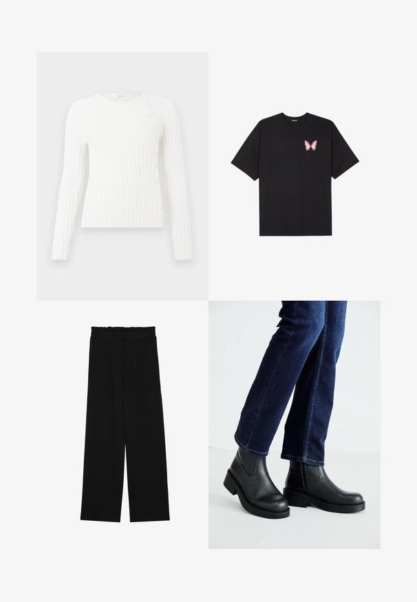 Valkoinen ribattu pitkähihainen neulepaita, jossa on pyöreä pääntie ja diagonaalinen rivi pieniä nappia olkapäästä helmaan oikealla puolella.; Musta puuvillapaita lyhyillä hihoilla, jossa on pieni vaaleanpunainen perhosgrafiikka vasemmassa rinnassa. Pyöreä kaula-aukko ja rento istuvuus.; Musta leveälahkeinen housut, joissa on röyhelövyötärö, kaksi sivutaskua ja sileä, kevyt kangas. Ei näkyviä kuvioita tai metalliosia.; Mustat nahka-avokkaat paksulla pohjalla ja sivussa elastiset paneelit, yhdistettynä tummansinihin farkkuihin. Maa on vaaleanvärinen.