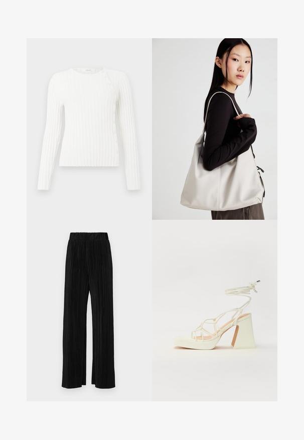 Baltā ribota garām piedurknēm paredzēta džemperis ar apaļu kakla izgriezumu un diognālu mazu pogu rindu no pleca līdz apakšmalai labajā pusē.; Melna kokvilnas T-kreklu ar īsām piedurknēm, virs baltas garām piedurknēm ar smalku teksturētu rakstu. Apaļas kakla izgriezuma dizains.; Melni plīšu bikses ar elastīgu jostu. Tām ir platākas kājas un gluda, teksturēta auduma ar vertikālām svītrām.; Baltas augstpapēžu sandales ar masīvu papēdi, ar siksnu dizainu un potītes saistītiem elementiem. Gluda tekstūra ar platformu priekšpusē, lai nodrošinātu papildu augstumu.; Bežs rokassoma, izgatavota no mīksta materiāla, ar brīvu dizainu, izšūtu apdari un divām plecu siksnām. Piemērota ikdienas lietošanai.