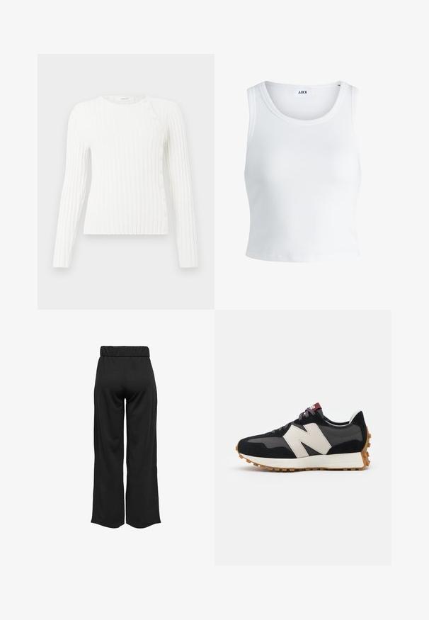 Fehér bordázott, hosszú ujjú pulóver kerek nyakkivágással és egy átlós sor kis gombbal a válltól a szegélyig a jobb oldalon.; Fehér bordás ujjatlan top, kerek nyakkivágással és rövid hosszal. A címke szerint "JJXX". Sima szövettextúra.; Fekete, bővülő szárú nadrág, elasztikus derékkal, sima anyagból készült. Tiszta dizájn jellemzi, zsebek és látható varrási részletek nélkül.; Fekete és szürke velúr sportcipő nagy krémszínű "N" logóval, lila fűzőkkel és texturált gumi talppal.
