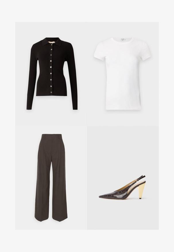 Crna rebrasta kardigan jakna s ovratnikom i kopčanjem sprijeda na gumbe s metalnim dodacima. Dugi rukavi i prilagođeni dizajn.; Bijela rebrasta kratkotrajna majica s okruglim izrezom. Tkanina izgleda glatko s prilagođenim siluetom. Vidljiva oznaka branda na ovratniku.; Tamno smeđi hlače širokih nogavica s visokim strukom, s uredno peglanim naborima, glatkom teksturom i krojem koji dobro pristaje.; Cipele s potpeticom i otvorenim stražnjim dijelom, u tamnosmeđoj sjajnoj umjetnoj koži krokodila. Sadrže zlatnu geometrijsku potpeticu i prilagodljivu naramenicu.