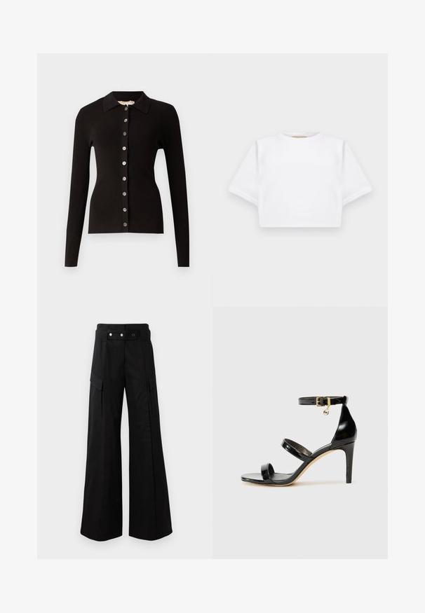 Cardigan negru cu microfibră, având un guler și un sistem de închidere cu nasturi metalici. Mâneci lungi și design ajustat.; Tricou alb scurt dintr-un material moale, cu mâneci scurte, decolteu rotund și detalii ribbrate la margine. Design simplu și fără embellishments.; Pantaloni evazați negri cu talie înaltă, având buzunare laterale mari, două nasturi frontali și un detaliu cu buclă. Confectionați dintr-un material rezistent.; Sandale negre din piele lacuită, cu trei curele, cataramă la glezna și toc stiletto de 10 cm. Prezintă detalii din metal auriu și un charm cu logo.