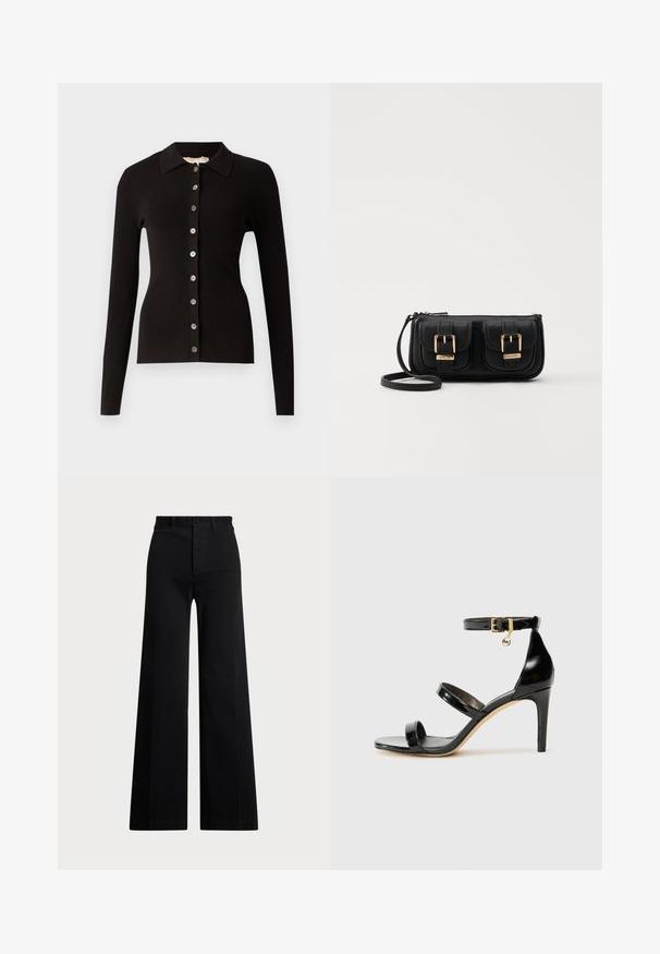 Fekete bordázott kardigán, galléros nyakkal és gombos elülső résszel, fémtapintású gombokkal. Hosszú ujjak és testhez simuló fazon.; Fekete pamut póló rövid ujjal, kerek nyakkal és egy kis fehér logóval az alsó bal oldalon. Klasszikus, dobozos szabás minimális részletezéssel.; Fekete, bő szárú nadrág szőtt anyagból, magas derékkal, elől gombos záródással és oldalzsebekkel. Simává textúrával és letisztult vonalakkal.; Fekete lakk bőr szandál három pánttal, bokapánttal és 10 cm magasságú tűsarokkal. Arany színű részletekkel és logó charm-mal rendelkezik.; Fekete bőr keresztbody táska két elülső zsebbel, arany csattokkal, cipzáras záródással és vékony pánttal. Textúrált felület és kompakt téglalap alak.