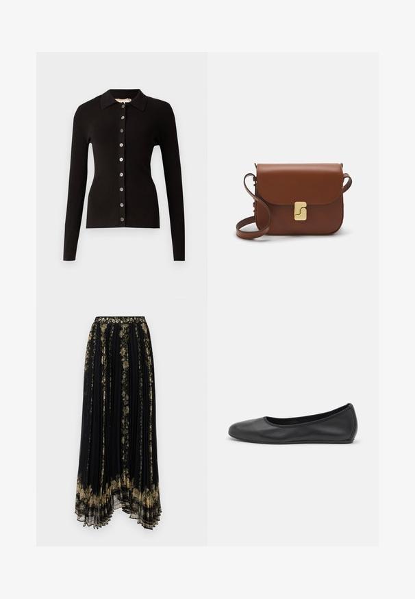 Cardigan noir à côtes, avec un col et un devant boutonné agrémenté de boutons métalliques. Manches longues et design ajusté.; T-shirt blanc à manches courtes en tissu côtelé. Col rond, coupe régulière et détails de couture subtils. Aucune motif ni graphique.; Jupe plissée noire avec broderie florale dans des tons dorés et verts, dotée d'une taille décorative et d'un ourlet fluide et asymétrique.; Ballerines en cuir noir avec un bout rond, texture lisse, détails de couture minimalistes et design de semelle flexible.; Sac à main en cuir marron avec une fermeture à rabat, des accents en métal doré, une bandoulière et une texture lisse. Forme rectangulaire compacte.