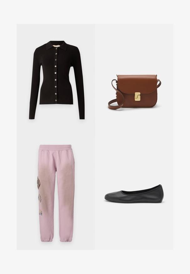 Zwarte geribbelde cardigan met een kraag en een knopenlijst met metalen knopen. Lange mouwen en een aansluitend design.; Witte korte mouwen t-shirt van ribstof. Ronde halslijn, normale pasvorm en subtiele stiksels. Geen patronen of grafische elementen.; Roze sweatpants met een elastische tailleband, voorzien van decoratieve patches in ruitvorm aan de linkerkant en elastische boorden bij de enkel.; Zwarte leren ballerina met een ronde neus, gladde textuur, minimale stikdetails en een flexibele zoolontwerp.; Bruine leren handtas met een klep sluiting, gouden hardware, een schouderband en een gladde textuur. Compact rechthoekige vorm.
