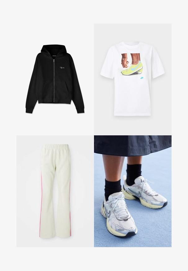 Čierna mikina na zips s rebrovanou textúrou, klokanie vrecká a veľká kapucňa. Obsahuje biele logo na hornej ľavej strane.; Biely bavlnený tričko s grafikou nôh v žltých kopačkách Nike s modrými akcentmi, doplnené náramkom na ľavej ruke.; Svetlo béžové nohavice s elastickým pásom, s ružovými bočnými panelmi a bočnými vreckami. Hladká textúra s rovnými nohavicami.; Biele a strieborné Nike tenisky s mrežovou textíliou, reflexnými akcentmi a béžovou podrážkou. Nosené s čiernymi ponožkami, stojace na modrom povrchu.