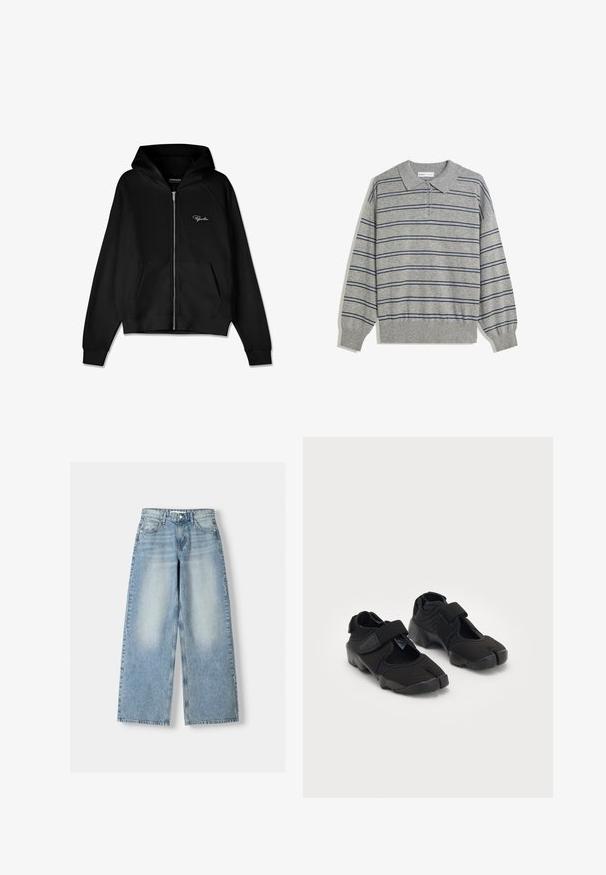 Črna zip-up hoodie s rebrasto teksturo, kengurujskimi žepi in velikim pokrovom. Ima bel logotip na zgornji levi strani.; Siv dolgi rokavi polo pulover s ovratnikom, ki ima mornarsko modre vodoravne črte in gumbasto zapiranje na ovratniku. Mehka tekstura.; Svijetloplave traper široke hlače s visokim strukom, s izblijeđenim finišem, pet džepova i ravnim krojem.; Črne vodne čeveljce, izdelane iz fleksibilnega blaga, z Velcro trakom, ki se ponašajo z edinstvenim dizajnom razdeljenega prsta in teksturirano gumo podplata za boljši oprijem.