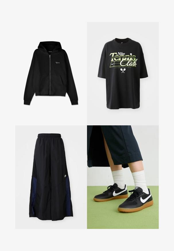 Sweatshirt preto com fecho, textura canelada, bolsos cangurus e um capuz grande. Apresenta um logótipo branco no lado superior esquerdo.; T-shirt preta de algodão com mangas curtas, apresentando um gráfico em verde e branco "Nike Tennis Club", ilustrações de bola de ténis e raquete.; Calças largas pretas feitas de tecido leve, com um painel lateral azul-marinho e cintura elástica. Pequeno logótipo branco na parte inferior.; Sapatilhas pretas em couro e sintético com o logo da Nike em branco, sola de borracha tipo goma, bico redondo e atacadores pretos. Meias brancas com frunces visíveis.