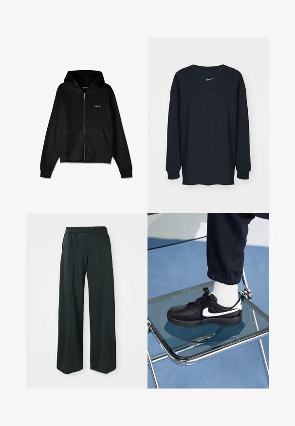 Czarna bluza z kapturem na zamek błyskawiczny, o prążkowanej fakturze, z kieszeniami kangurkami i dużym kapturem. Posiada białe logo na górnej lewej stronie.; Czarna, długosleeve'owa koszulka z bawełny z okrągłym dekoltem. Posiada białe logo Nike na piersi. Miękka faktura, prosty design.; Czarne, szerokie spodnie sportowe z elastycznym pasem. Wykonane z gładkiego, rozciągliwego materiału, z delikatnymi szwami z przodu i bez kieszeni.; Czarne sneakersy Nike z białymi akcentami, charakteryzujące się gładką skórzaną teksturą, zawiązywaną konstrukcją i zaokrąglonym noskiem, umieszczone na szklanym krześle.