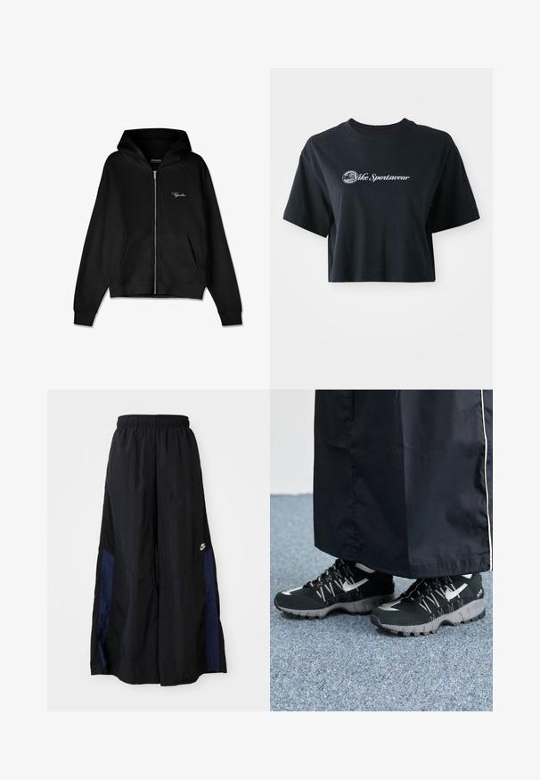 Felpa con zip nera, texture a coste, tasche kangaroo e un ampio cappuccio. Presenta un logo bianco sul lato sinistro superiore.; T-shirt nera in cotone, cropped, con maniche corte, caratterizzata da testo bianco "Vice Sportswear" e una grafica circolare sul davanti.; Pantaloni neri a gamba larga realizzati in tessuto leggero, con un pannello laterale blu navy e una cintura elastica. Piccolo logo bianco sul fondo.; Scarpe sportive nere con tomaia testurizzata, dettagli argentati e suola con motivo, abbinate a un lungo indumento nero. Ambientate su un tappeto blu.
