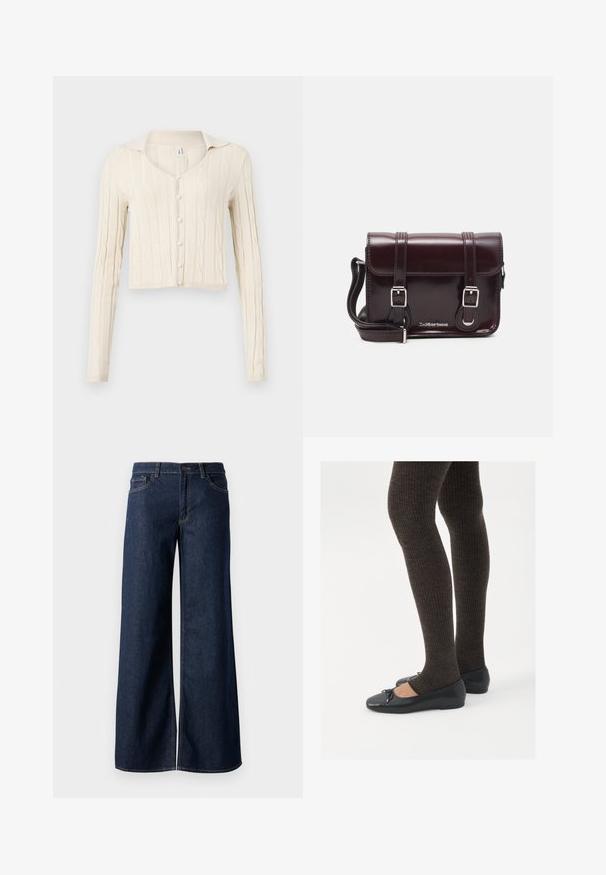 Krémový pletený kardigan s dlouhými rukávy, V-výstřihem a pěti perlovými knoflíky vpředu. Zkrácený střih.; Černý dlouhý rukáv, přiléhavý top se čtvercovým výstřihem, označený značkou GAP, vystavený na bílém pozadí.; Džínsy s širokými nohavicemi v tmavě modré barvě. Mají kontrastní švy, pět kapes a zapínání na knoflík v pase. Hladká textura.; Černé ploché boty s malou mašlí na špičce, kombinované s tmavě hnědými žebrovanými punčochami. Boty mají hladký povrch a nízký profil.; Burgundská lakovaná křížová taška obdélníkového tvaru, se dvěma popruhy, stříbrnými kovovými doplňky a klopovým uzávěrem.
