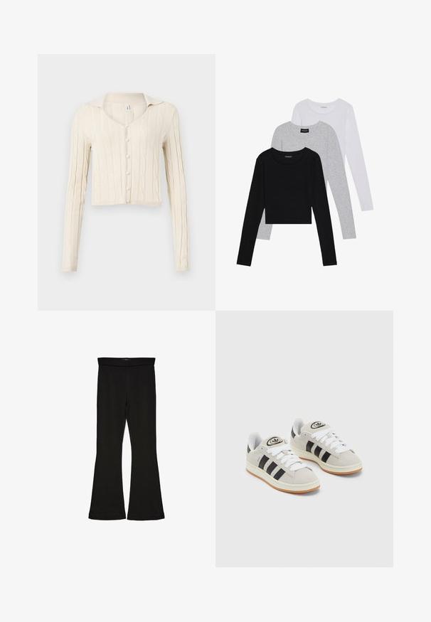 Cream-colored cable knit cardigan with long sleeves, a V-neckline, and five pearl buttons down the front. Cropped design.; Three long-sleeve tops stacked: black, grey, and white. Each has a round neckline and a cropped design with smooth, lightweight fabric.; Black flare leggings made from stretchy fabric. Features a wide waistband and a smooth texture, with a fitted silhouette that flares at the hem.; Gray suede sneakers with white laces, black stripes, and a white rubber sole. Features a circular logo on the tongue and a gum sole.