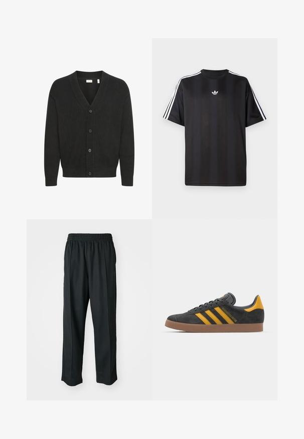 Solid SDNALLI - Cardigan - true black; Black short-sleeve t-shirt with white three-stripe detailing on shoulders and a small white logo on the chest. Smooth fabric texture.; Black athletic pants with an elastic waistband, made of smooth fabric, featuring subtle side stitching and a relaxed fit, straight leg design.; Black suede sneaker with yellow accents, featuring three stripes and a brown rubber sole. Includes a padded tongue for comfort.