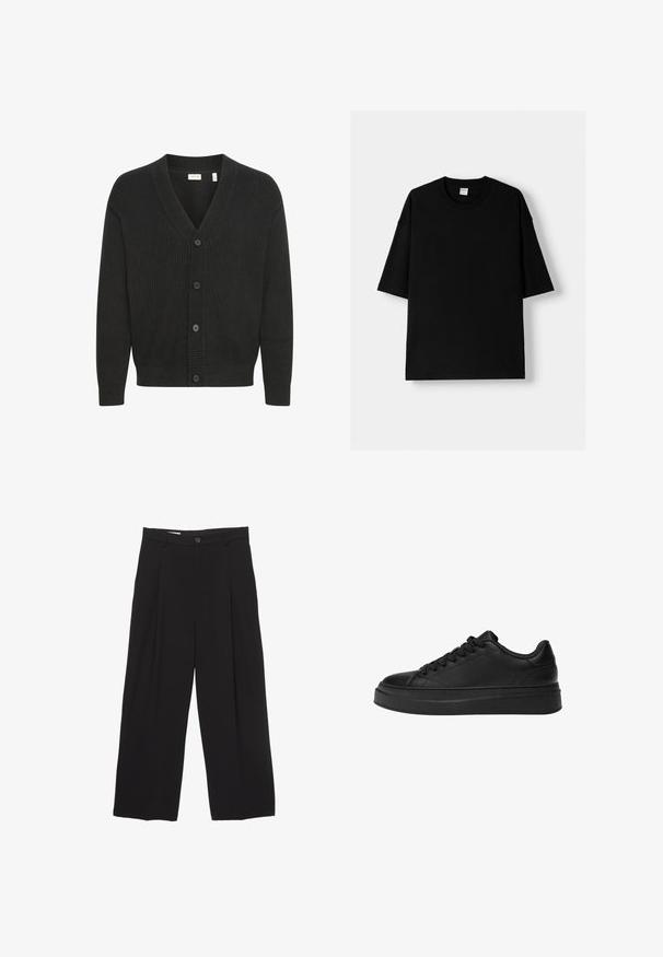 Solid SDNALLI - Cardigan - true black; Tricou din bumbac negru, cu mâneci scurte, guler rotund și o croială lejeră. Textură netedă și design minimalistic, fără modele sau accente.; Pantaloni negri cu croi larg, realizati dintr-un material neted, avand o talie plată, pliuri frontale și un buton de închidere.; Adidași negri din piele netedă, cu vârful rotund, talpă groasă și design tradițional cu șireturi, având șase găuri pentru șireturi.