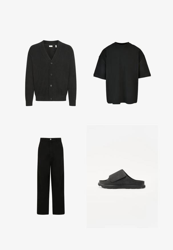 Solid SDNALLI - Cardigan - true black; Black oversized t-shirt made of ribbed fabric. Round neck, short sleeves, and a relaxed fit with a straight hem. Simple and versatile design.; Black wide-leg trousers, made of cotton. Features a front button closure, two side pockets, and a relaxed fit design.; Black slide sandal with a soft suede upper, adjustable strap, cushioned footbed, and textured rubber sole for grip.