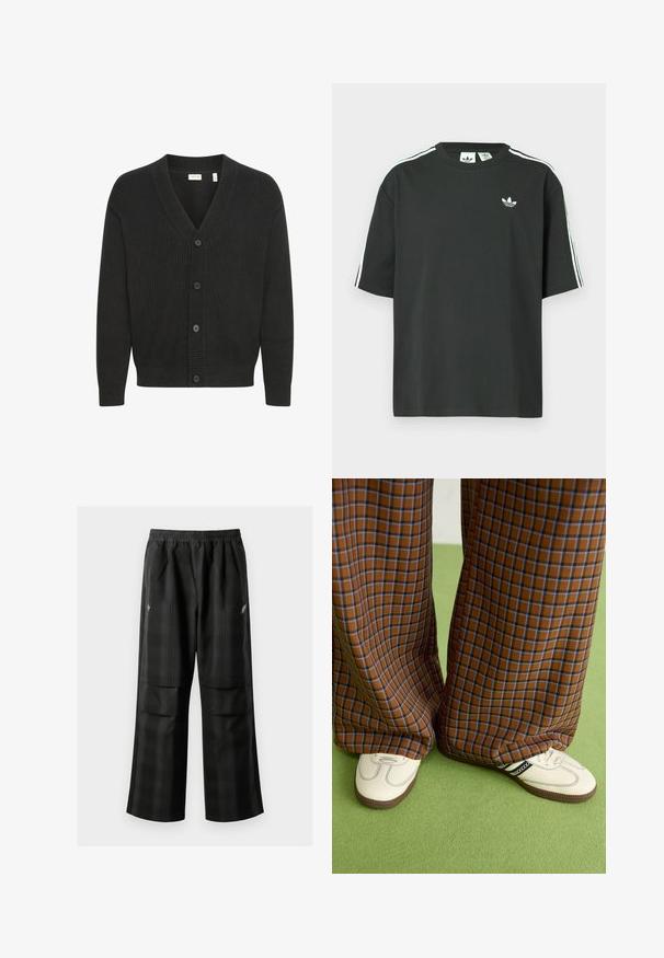 Solid SDNALLI - Cardigan - true black; Tricou negru din bumbac cu mâneci scurte, guler rotund și detalii albe cu trei dungi pe umeri. Prezintă un logo mic alb pe piept.; Pantaloni cu un model carourile negre, având talie elastică, două buzunare frontale și un croi lejer cu picioare drepte. Construiți dintr-un material ușor.; Pantaloni largi cu carouri maro și albastru, asociați cu pantofi albi cu accente negre și tălpi texturate, împotriva unui fundal verde.