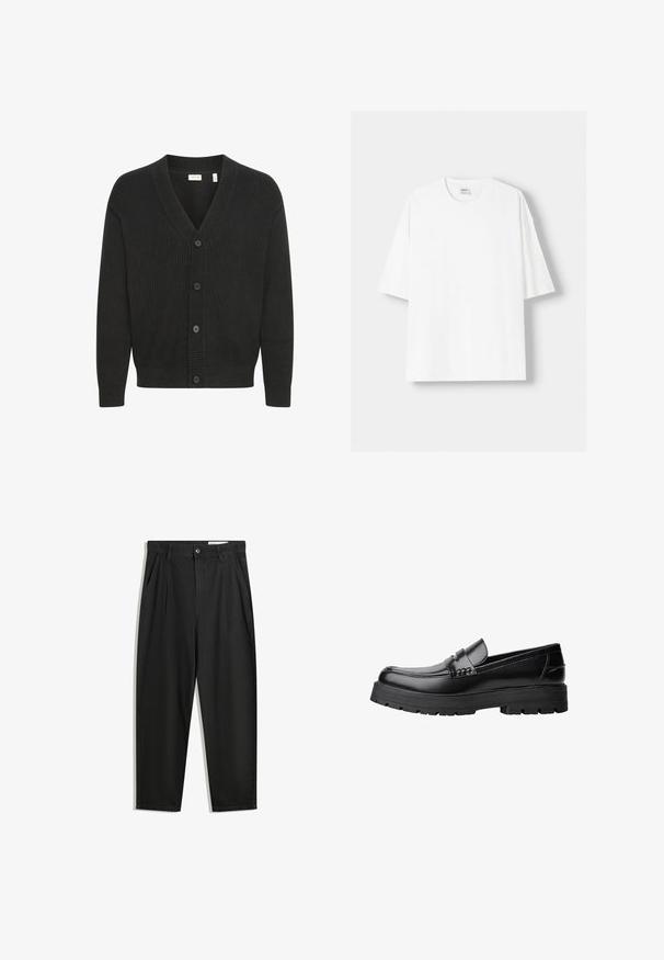 Solid SDNALLI - Vest - true black; Witte t-shirt met korte mouwen, gemaakt van katoen, met een ronde halslijn en een relaxte pasvorm. Gladde textuur, zonder zichtbare patronen of accenten.; Zwarte katoenen broeken met een losse pasvorm, voorzien van een klassieke tailleband, voorplooien en zijzakken. Gladde structuur zonder patronen.; Zwarte leren loafer met een chunky profielzool en een decoratieve band over de bovenkant, weergegeven in het linkerzijprofiel op een witte achtergrond.