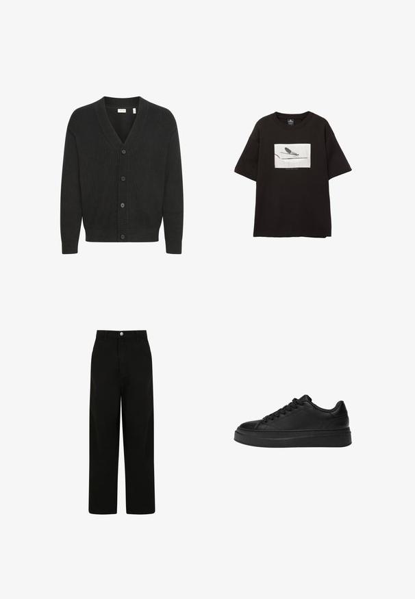 Solid SDNALLI - Cardigan - true black; T-shirt nera in cotone con maniche corte, presenta una grafica rettangolare bianca di una mosca su una linea sottile, con un branding minimale sotto l'immagine.; Pantaloni neri a gamba larga, realizzati in cotone. Presentano una chiusura frontale con bottone, due tasche laterali e un design dal fit rilassato.; Sneaker nera realizzata in pelle liscia, con punta rotonda, suola piatta spessa e design classico con lacci a sei occhielli.