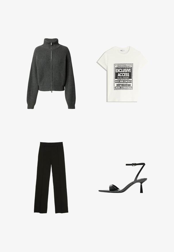 LeGer by Lena Gercke CINDY JUMPER - Gilet - graumeliert; T-shirt blanche avec du texte noir promouvant un événement musical, comportant "Accès Exclusif", "Concerts Rock Indie" et "Expérience Musicale Superstar."; Pantalons larges noirs en tissu lisse, dotés d'une taille ajustée et de plis avant subtils pour ajouter de la texture.; Bershka Sandales à talons hauts - black