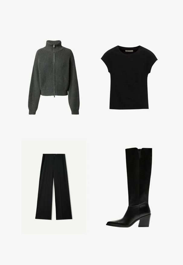 LeGer by Lena Gercke CINDY JUMPER - Jopica - graumeliert; Črna kratka majica s kratkimi rokavi in okroglim izrezom. Iz gladke, raztegljive bombažne tkanine. Preprost dizajn brez vzorcev ali grafike.; Bershka WIDE - Hlače - black; Črne gležnjarje do kolen iz gladkega usnja, z ostrim nosom, blokinim peto in V-oblikovanim izrezom na vrhu.