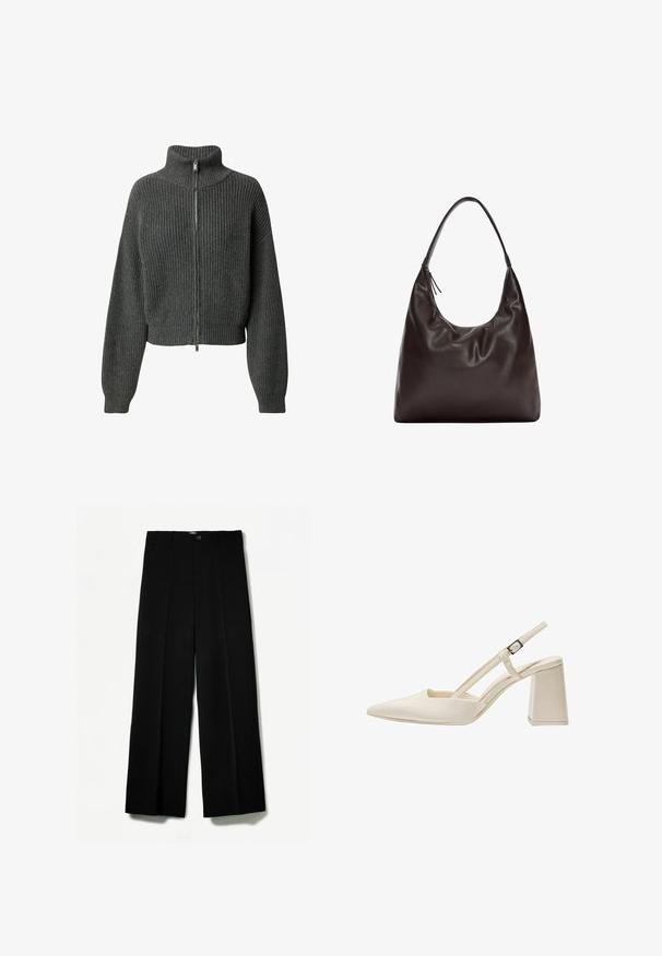 LeGer by Lena Gercke CINDY JUMPER - Cardigan - graumeliert; T-shirt bianco realizzato in un tessuto morbido e leggero. Presenta un collo rotondo e maniche corte e larghe con vestibilità morbida. Nessun motivo visibile.; Pantaloni neri a gamba larga realizzati in un tessuto morbido con chiusura frontale a bottone, dotati di due tasche laterali e un design nitido e pulito.; Scarpe beige con tacco a blocco medio, punta affusolata, finitura lucida in vernice e cinturino regolabile. Design minimalista con lati aperti.; Borsa a spalla in pelle marrone con un design morbido e slouchy. La borsa presenta una tracolla ampia e una forma minimalistica, completata da una texture sottile.