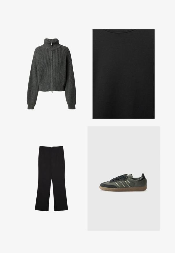 LeGer by Lena Gercke CINDY JUMPER - Gilet - graumeliert; Tissu en coton noir avec une texture lisse et un col rond, présentant un motif grainé subtil et uniforme. Pas de logos ou d'accents visibles.; Pantalon noir avec une coupe droite, doté de poches avant et d'éclairs sur l'ourlet. Fabriqué en tissu doux et lisse. Convient à diverses occasions.; adidas Originals SAMBA OG - Baskets basses - core black/legend earth/gum