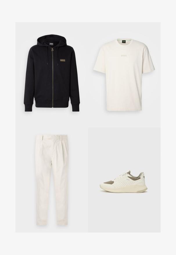 Černá zipová mikina vyrobená z měkkého materiálu, s zlatou nášivkou loga, kapucí na šňůrku a vroubkovanými manžetami a lemem.; BOSS TEE - Jednoduché tričko - open white; Bílé, plisované kalhoty s upraveným střihem, které mají hladkou texturu, poutka na opasek a zúžené nohavice. Bez viditelných kapes nebo vzorů.; Bílé a světle béžové atletické tenisky, které mají síťovaný svršek, perforované detaily a texturovanou mezipodešev s logem na patě.