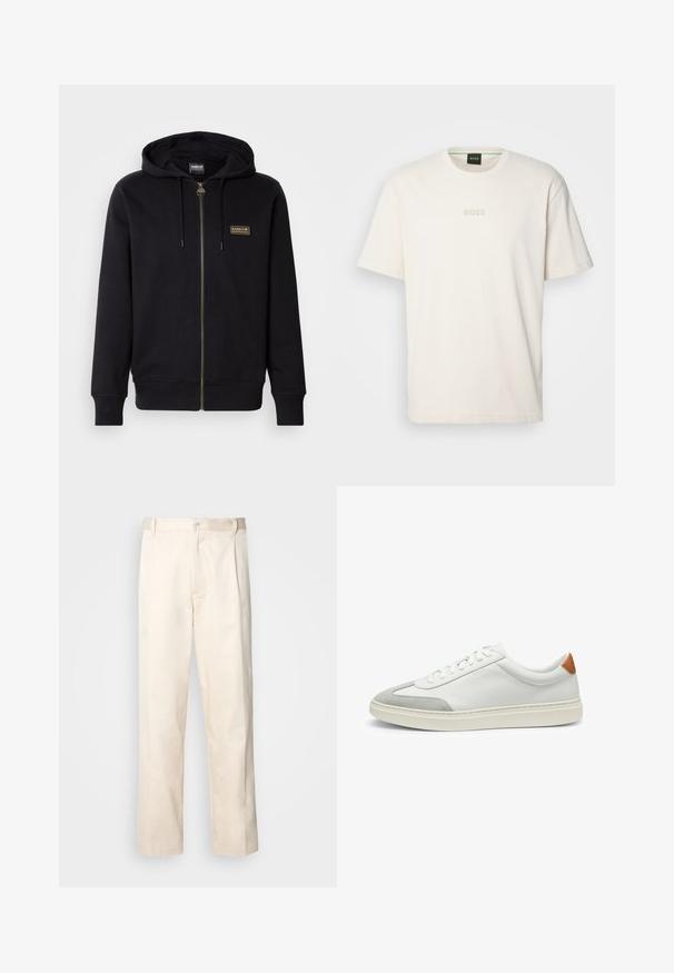 Black zip-up hoodie made of soft fabric, featuring a gold logo patch, drawstring hood, and ribbed cuffs and hem.; BOSS TEE - Basic T-shirt - open white; Beige cotton trousers with a straight-leg cut, featuring a button closure and pleats at the front for added detail.; White leather sneakers with gray suede accents and a tan leather heel tab. Features a textured surface and lightweight sole.