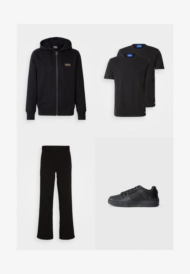 Black zip-up hoodie made of soft fabric, featuring a gold logo patch, drawstring hood, and ribbed cuffs and hem.; Two black cotton T-shirts with round necklines, short sleeves, and blue "HUGO" labels on the collars and side hems.; Black flared pants made of cotton with a smooth texture. Features a flat front and standard waistband without visible hardware.; Black athletic shoe featuring a smooth leather upper, textured accents, perforated details, and a rubber sole with a flat profile.