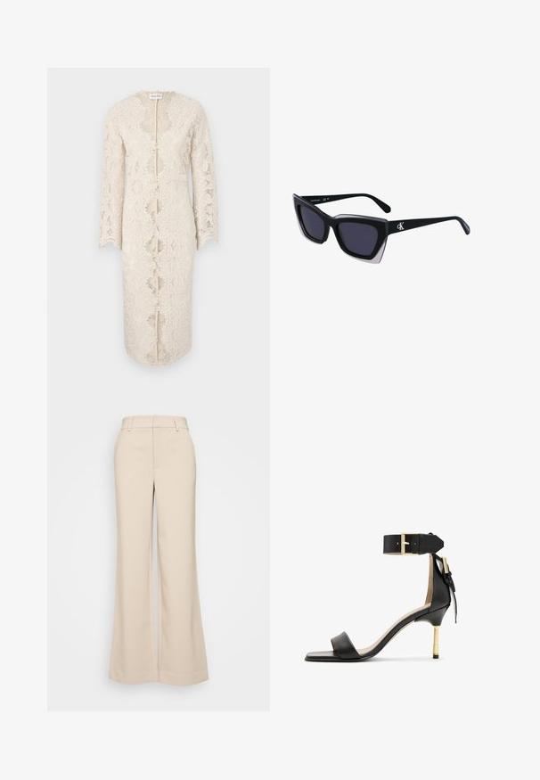 Kanten jurk in off-white met lange mouwen, een v-hals en een opening aan de voorkant in het midden. Bevat ingewikkelde bloemmotieven en geschulpte randen.; Witte katoenen T-shirt met korte mouwen, ronde halslijn, losse pasvorm en geen zichtbare patronen of afbeeldingen. Effen textuur en eenvoudig ontwerp.; Beige wijduitlopende broek met een gladde textuur, voorzien van een hoge tailleband en twee voorzakken. Schoon ontwerp met een getailleerde pasvorm.; Zwarte leren sandalen met hak en vierkante neus, enkelband met een gouden gesp en een slanke metalen hak. Soepele textuur, minimalistisch ontwerp.; Zwarte oversized zonnebril met een geometrische vorm, voorzien van donkere glazen en een contrasterend grijs detail op het montuur. Logo op de arm.